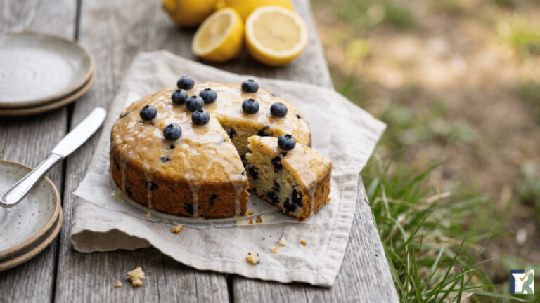 6-inch lemon blueberry cake with lemon glaze served outdoors for two, air fryer baked with a RokigTested conversion chart