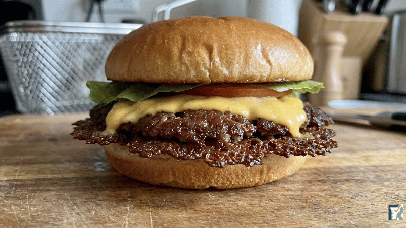 Air Fryer Smash Burgers for Two: The RokigTested 5-Minute Zero-Leftover Method 6 Air fryer smash burger profile showing caramelized smash crust and melted cheese, RokigTested parchment press method result