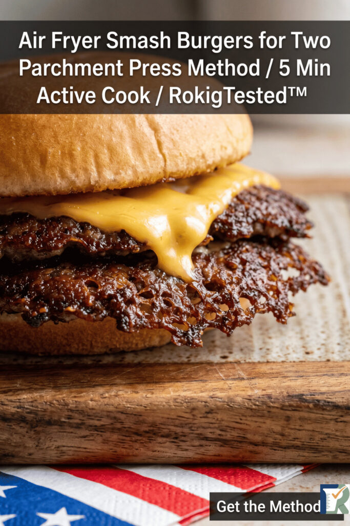 Air fryer smash burgers for two with caramelized smash crust, parchment press method, RokigTested, Memorial Day recipe