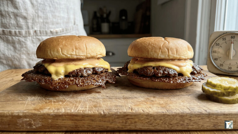 Air fryer smash burgers for two with caramelized smash crust and melted American cheese, RokigTested parchment press method