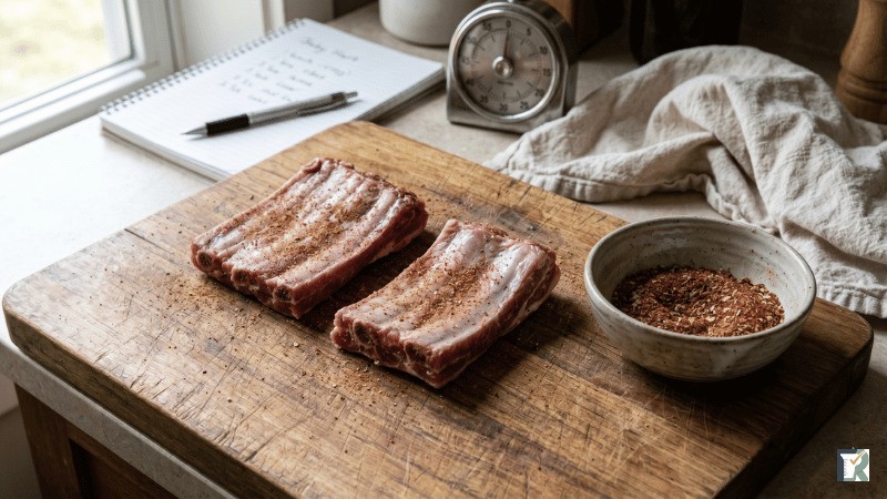 Air Fryer Baby Back Ribs for Two: The RokigTested Wattage Method 2 Baby back ribs half-rack split into two segments on prep surface, dry rub bowl and June Hart's measuring notebook visible