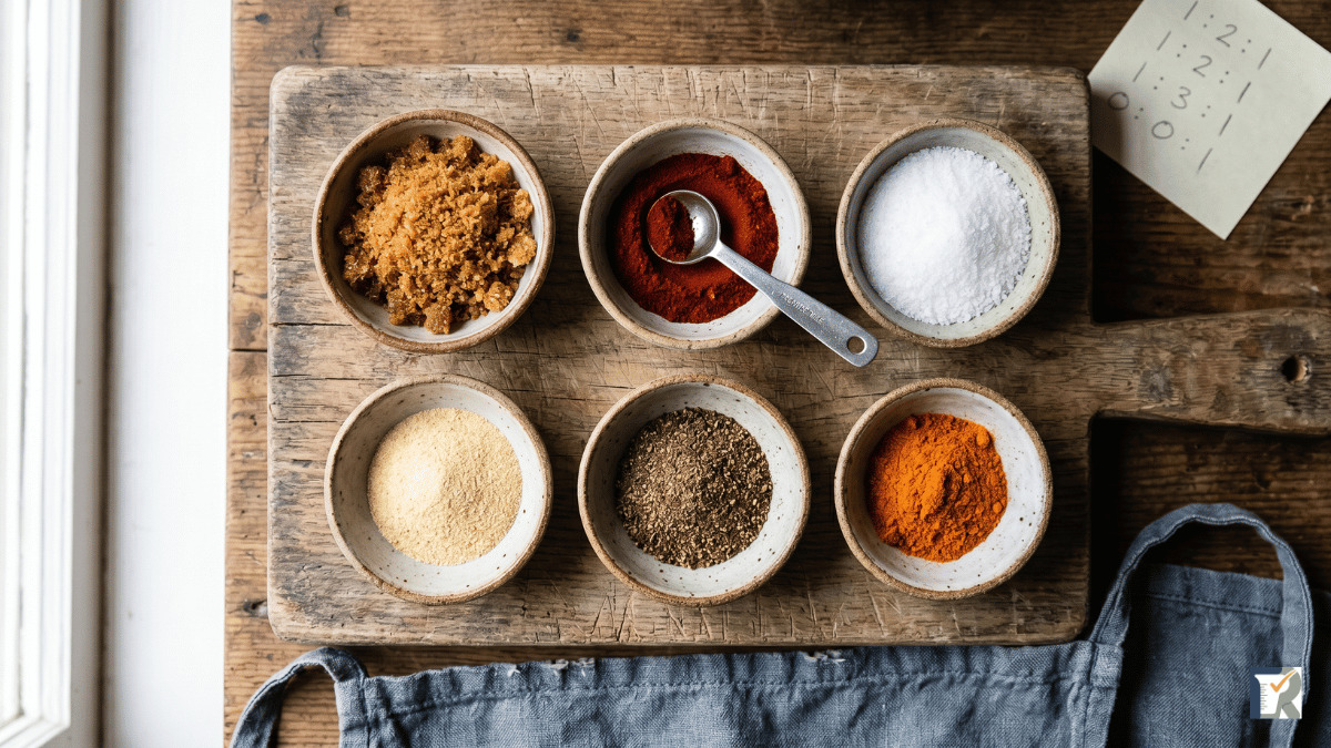 Six BBQ dry rub spices in individual bowls on a wooden prep surface, small-batch portions measured for two servings