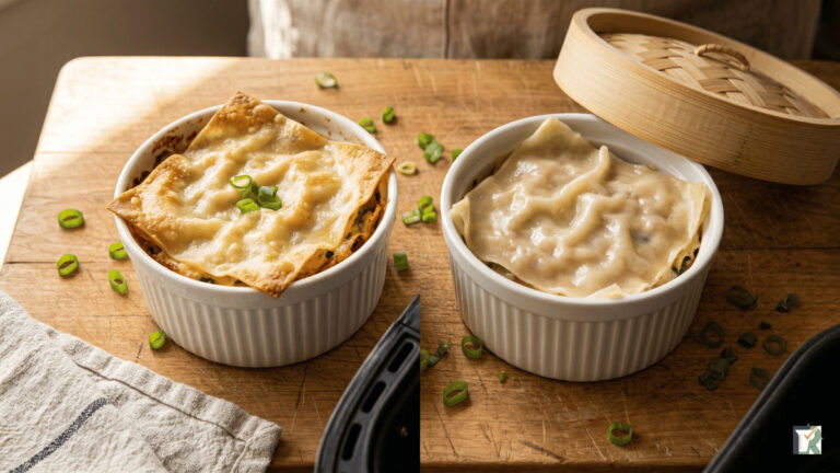 Two small-batch dumpling lasagna ramekins — air fryer result left, steamer result right, tested for two portions