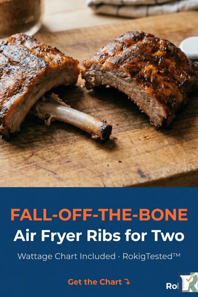 Air fryer baby back ribs for two — fall-off-bone wattage chart, two-phase method, RokigTested, Cosori Ninja Instant Vortex tested