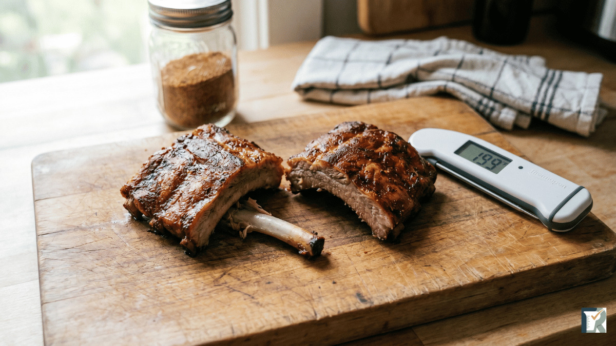 Air fryer baby back ribs for two on wooden board, fall-off-bone texture, thermometer reading 199°F — RokigTested wattage method