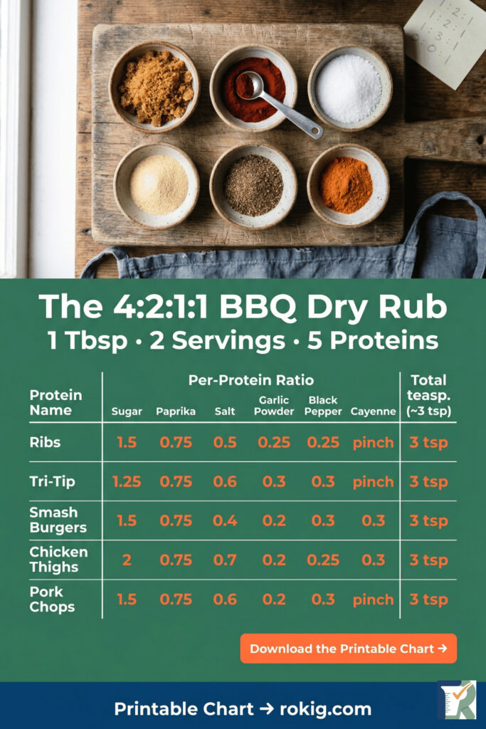 Small-batch BBQ dry rub 4:2:1:1 ratio printable chart for five air fryer proteins, calibrated for two servings, RokigTested